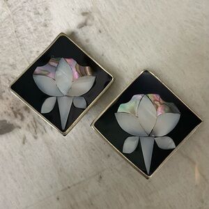 Vintage Retro Alpaca Tile Clip-On Earrings - Mother of Pearl Shell